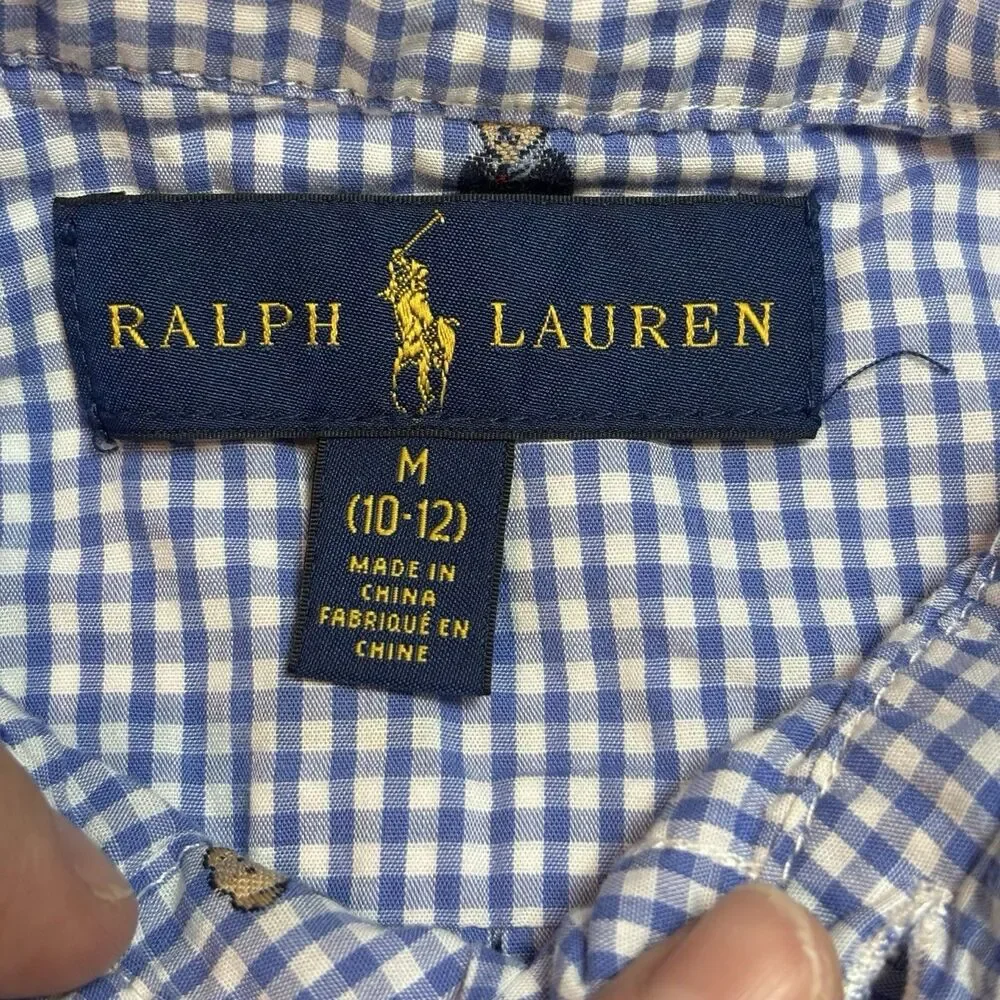 Ralph Lauren Gingham Button Down Long Sleeve Youth M 10-12 Classic Bear Print